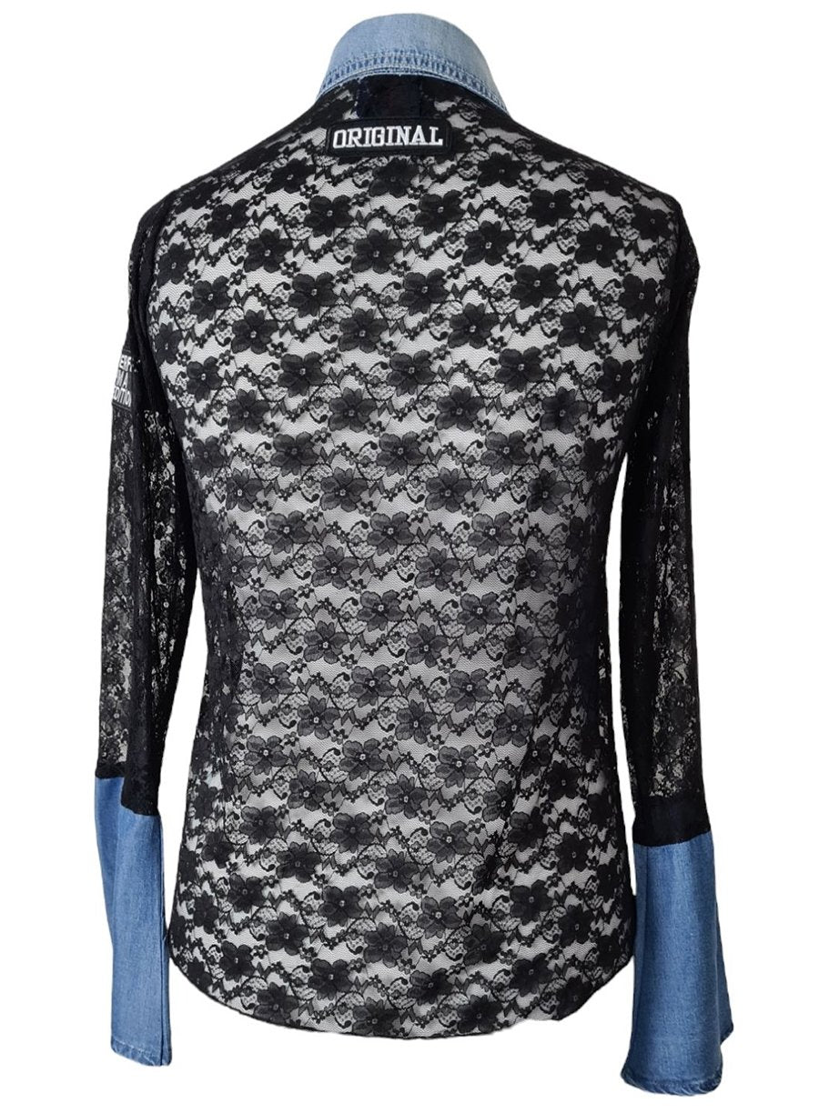 Chemise Lalie jean recyclé et dentelle noire - garOzange vetements recyclés pour femmes made in France