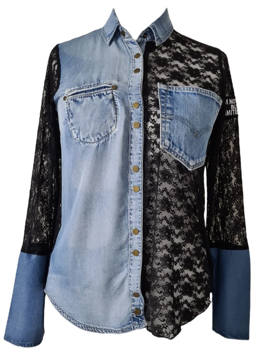 Chemise Lalie jean recyclé et dentelle noire - garOzange vetements recyclés pour femmes made in France