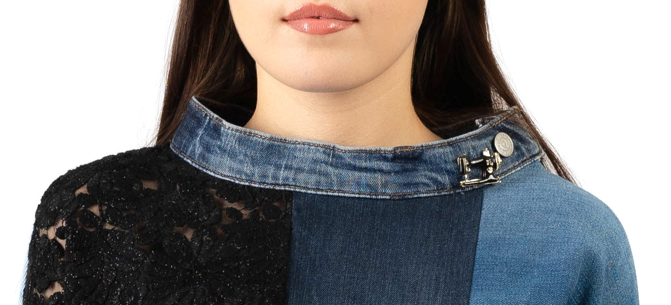sweat en jean recyclé et organdi brodé, création upcyclée en france.