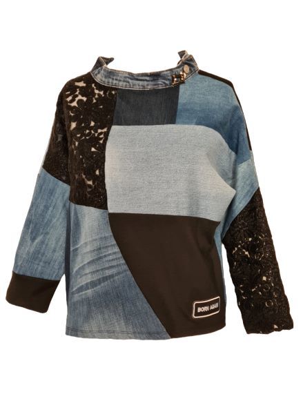 sweat en jean recyclé et organdi brodé, création upcyclée en france.
