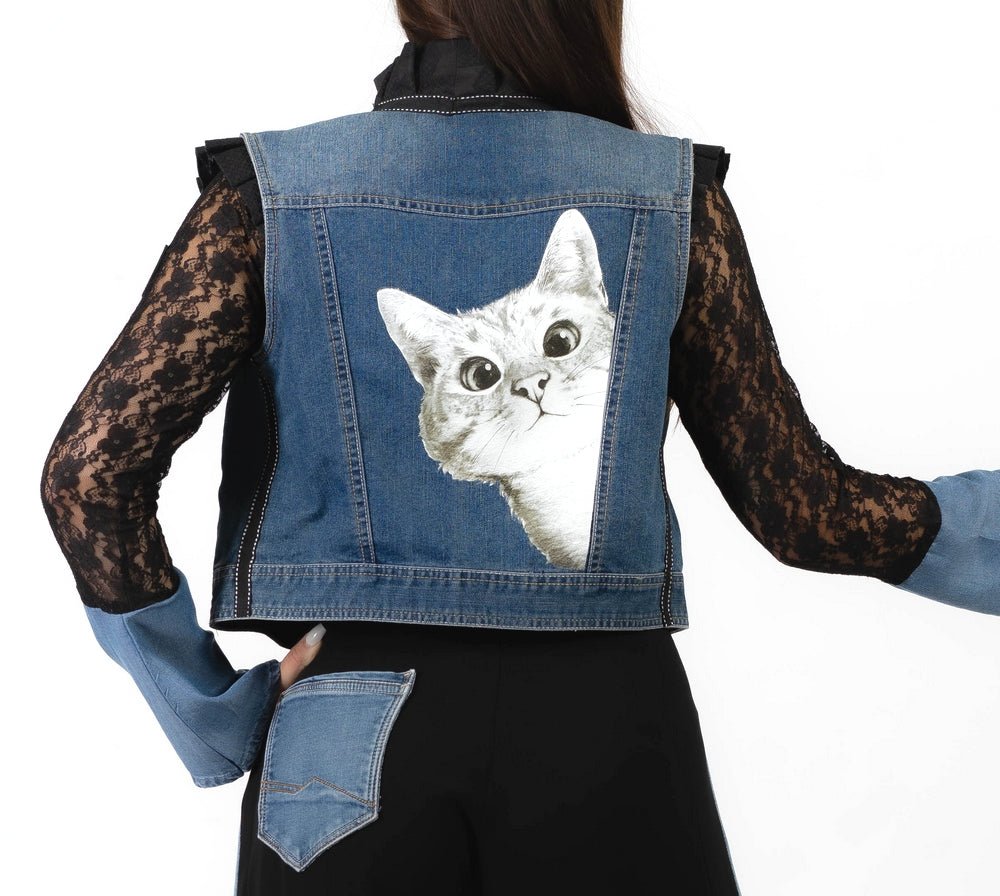 Gilet Babeth jean recyclé et imprimé noir - garOzange vetements recyclés pour femmes made in France