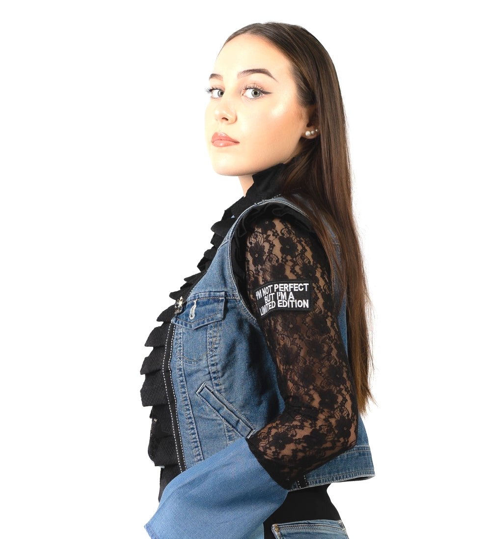 Gilet Babeth jean recyclé et imprimé noir - garOzange vetements recyclés pour femmes made in France