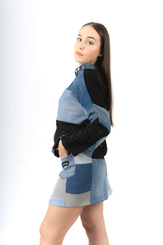 Jupe Sally en jean recyclé patchwork - garOzange vetements recyclés pour femmes made in France